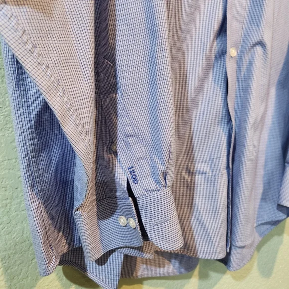 IZOD Button Up Shirt Mens large Blue White Plaid Houndstooth Long Sleeve Preppy - Picture 4 of 7